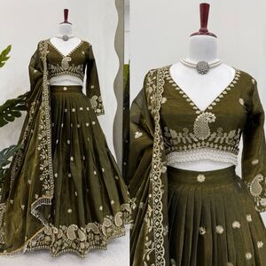 Indian Wedding Lehenga Mehendi Outwear Olive Green Embroidered Lehenga Diwali